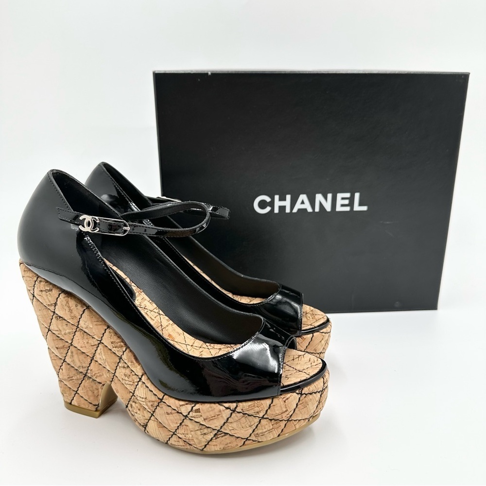Chanel Black Patent Leather Quilted Cork Platform Peep Toe Heels